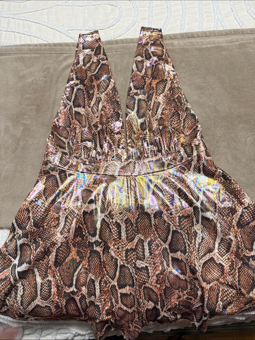 superdown Iridescent Snake-Print Halter Romper in Brown